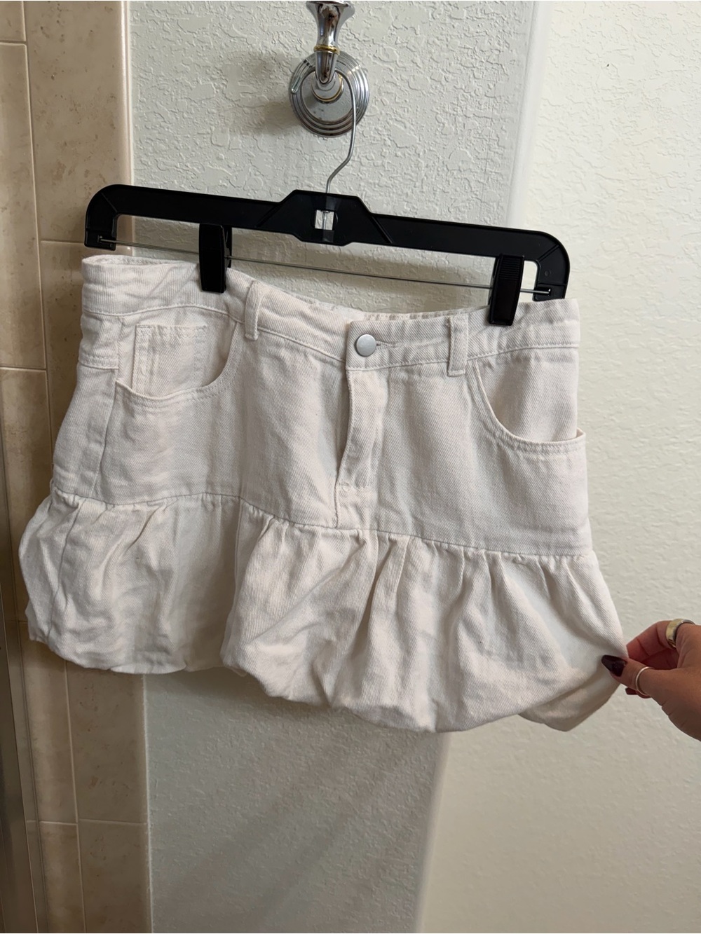 Windsor mid rise white ruffle bubble denim mini skirt